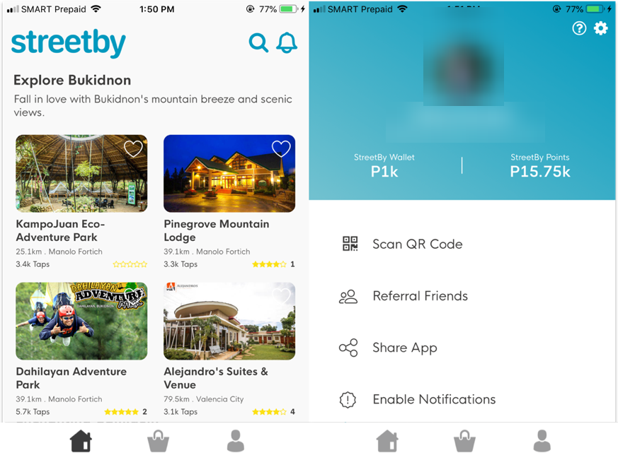 StreetBy React Native app — explore venues, wallet & points, QR, referrals